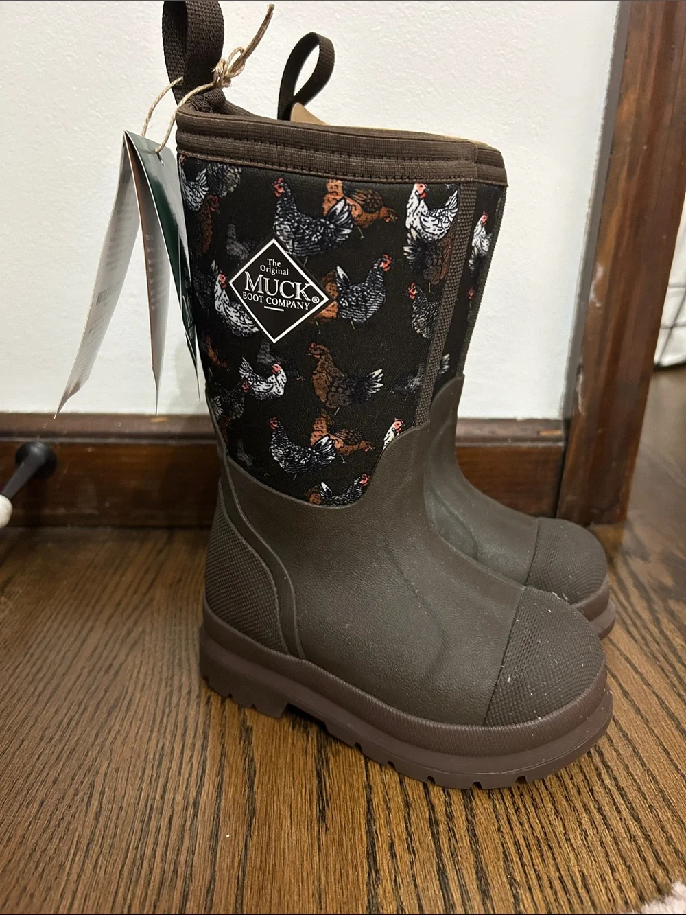 Kids' Brown Farm Chick Pattern Waterproof Muck Boots